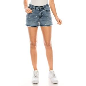 Khaki & Blue Daisy Embroidered Denim High Ride Shorts